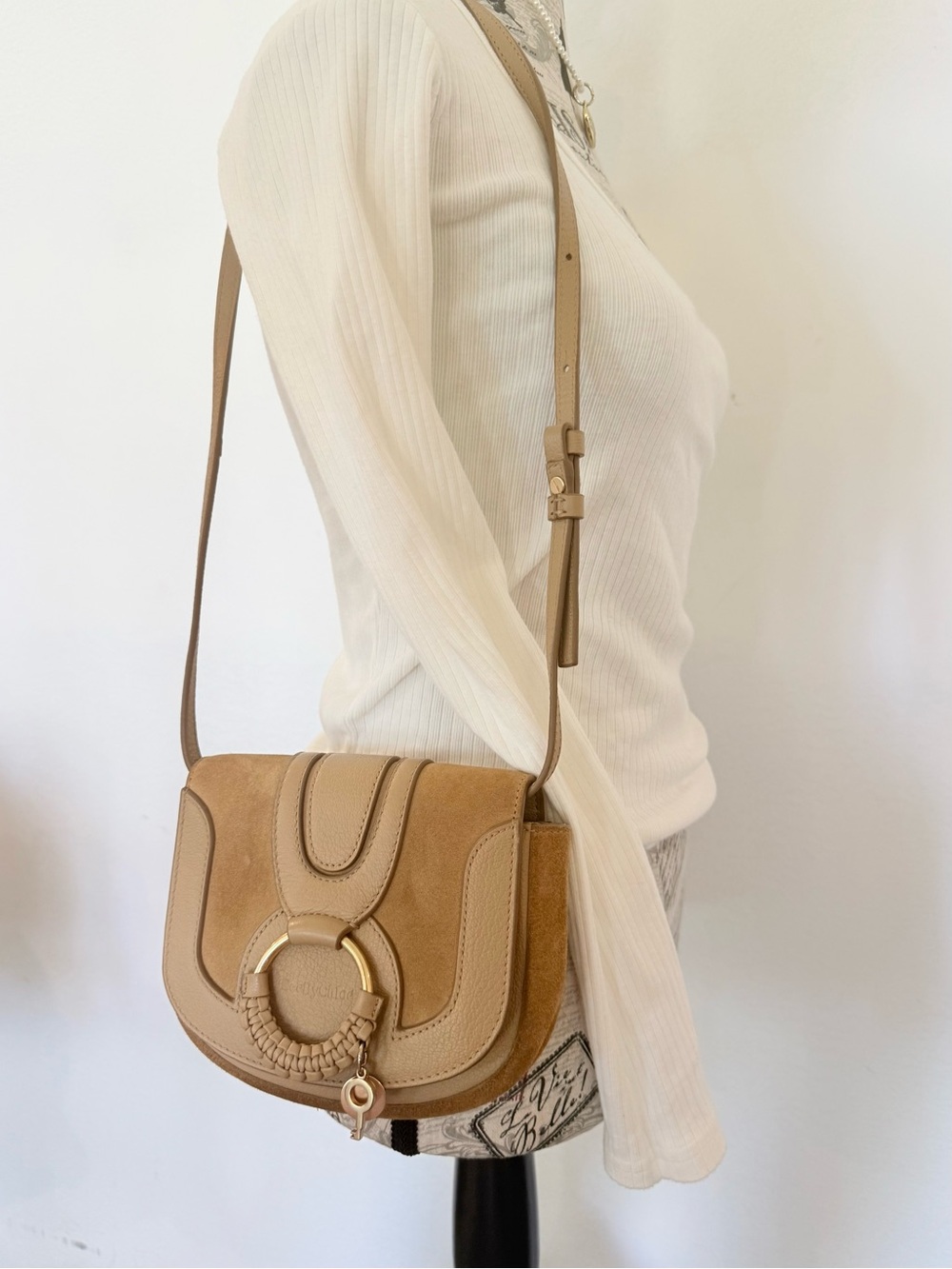 Chloe Beige/Tan Leather & Suede Crossbody with Gold Ring Detail